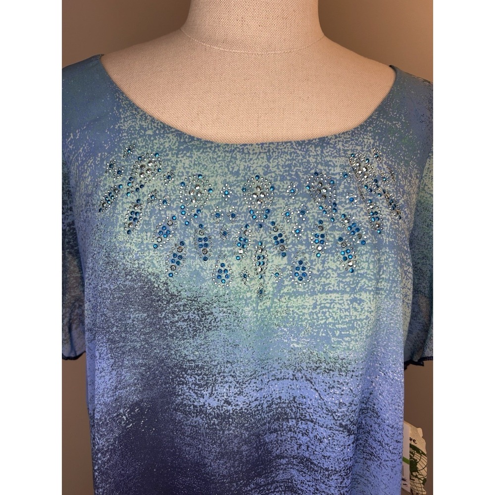 ONE WORLD Blue Sheer Short Sleeve Gemstones Round Neck Blouse Top Womens L - Picture 2 of 9